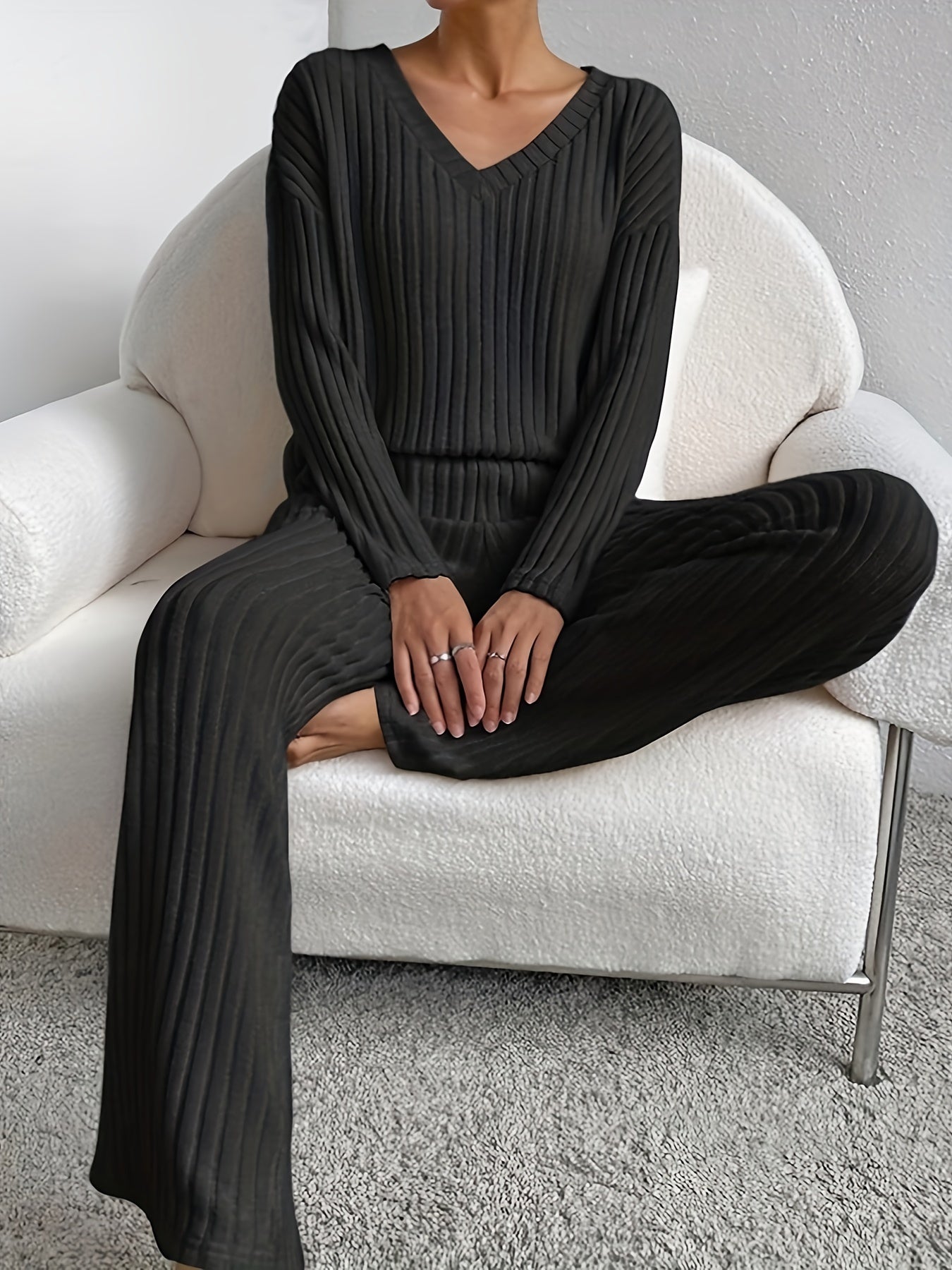 Ribbed knit lounge set with V neck top and wide leg pants for women | Chill