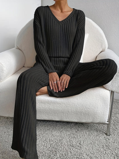 Ribbed knit lounge set with V neck top and wide leg pants for women | Chill