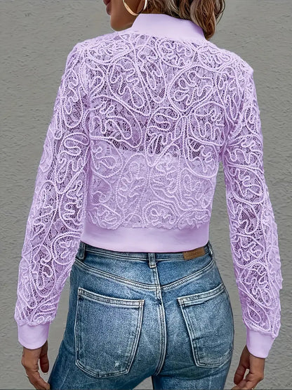 Cropped lace embroidered bomber jacket with ribbed trim for women | Elowen