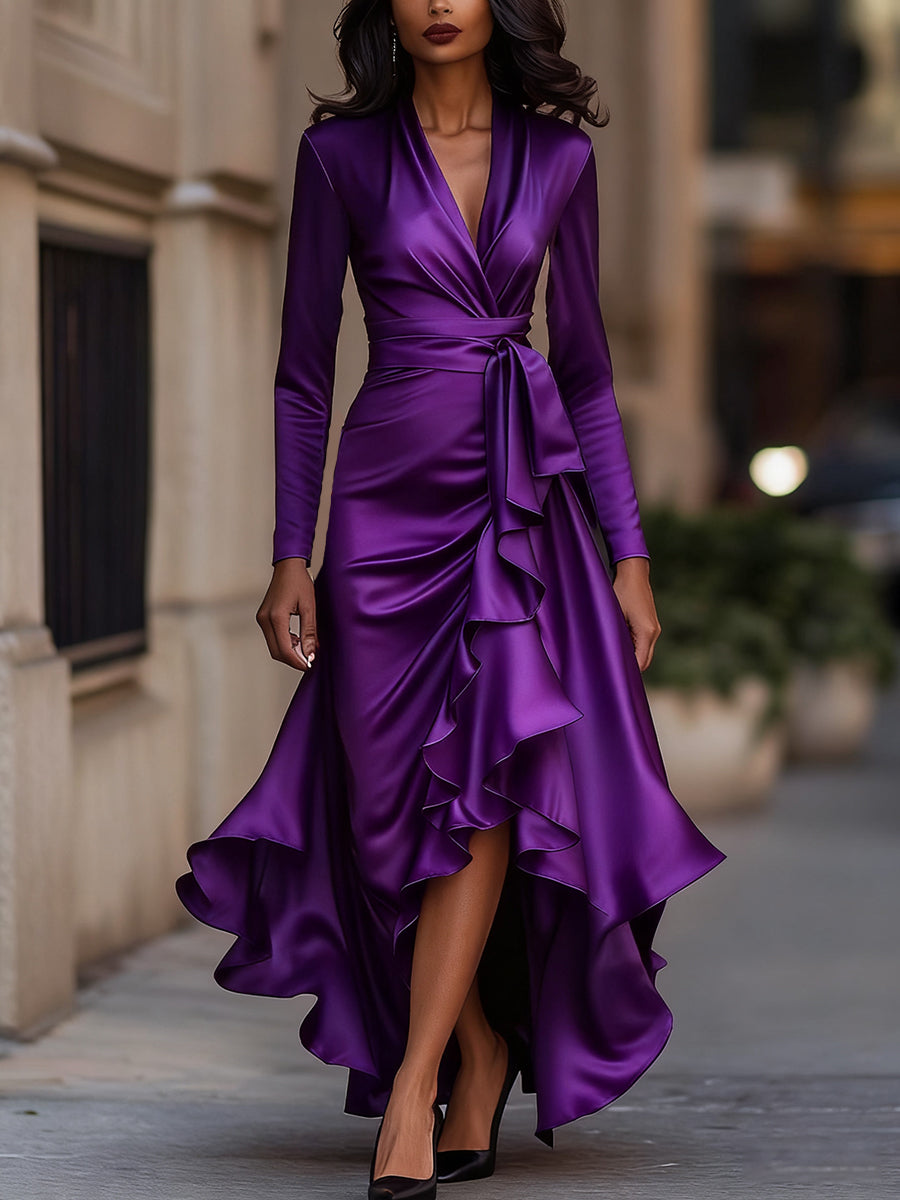 Midnight Blue Draped Maxi Dress with Ruffle Hem for women | Evelisse