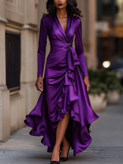 Midnight Blue Draped Maxi Dress with Ruffle Hem for women | Evelisse