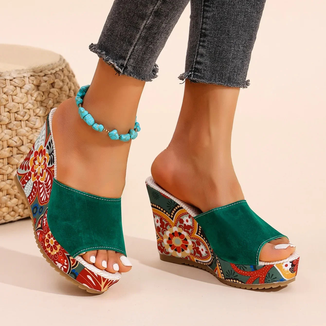 Velvet wedge mule sandal with floral printed heel detail for women | Boheme