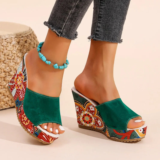 Velvet wedge mule sandal with floral printed heel detail for women | Boheme