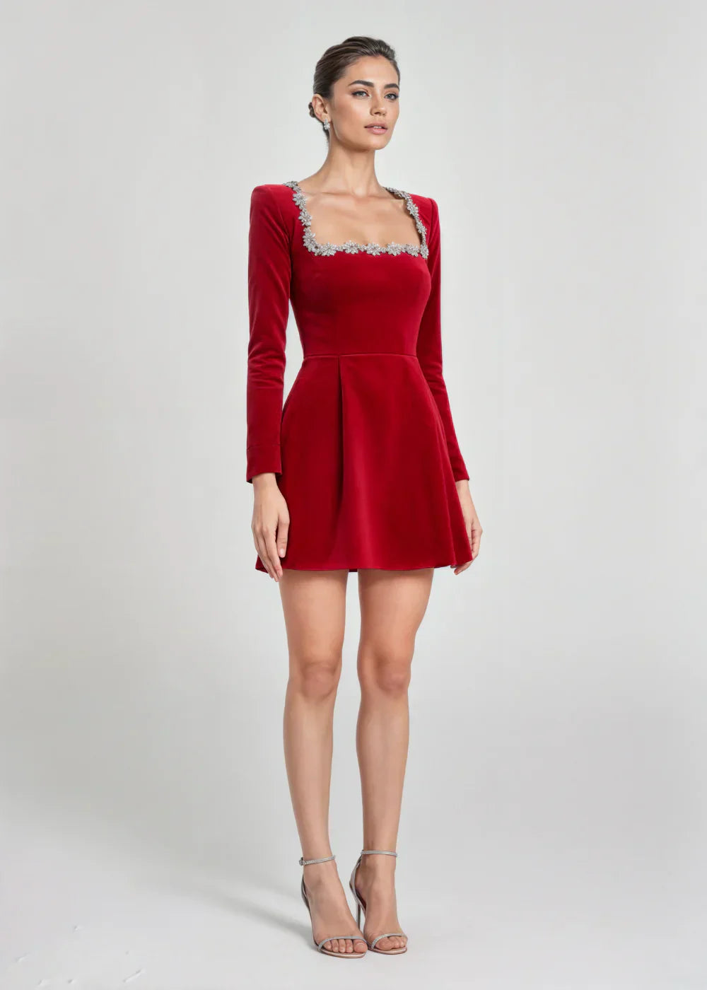 Velvet mini dress with square neckline and flared skirt for women | Willow