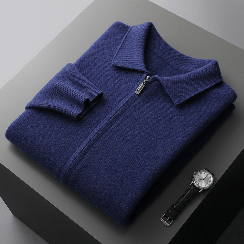 Refined zip up knit jacket with structured collar for men | Valenor