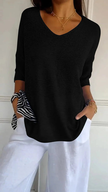 V-neck lightweight knit top with three-quarter sleeves for women | Maren