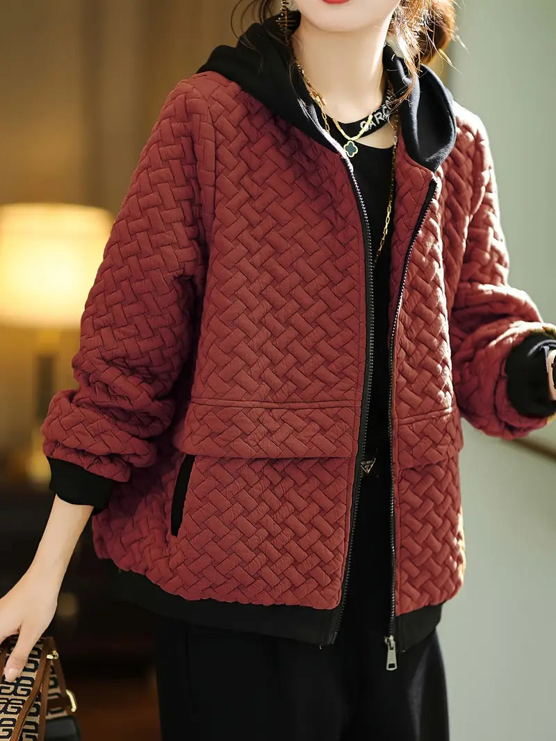Quilted zip up hoodie with basketweave textured design for women | Mirelle