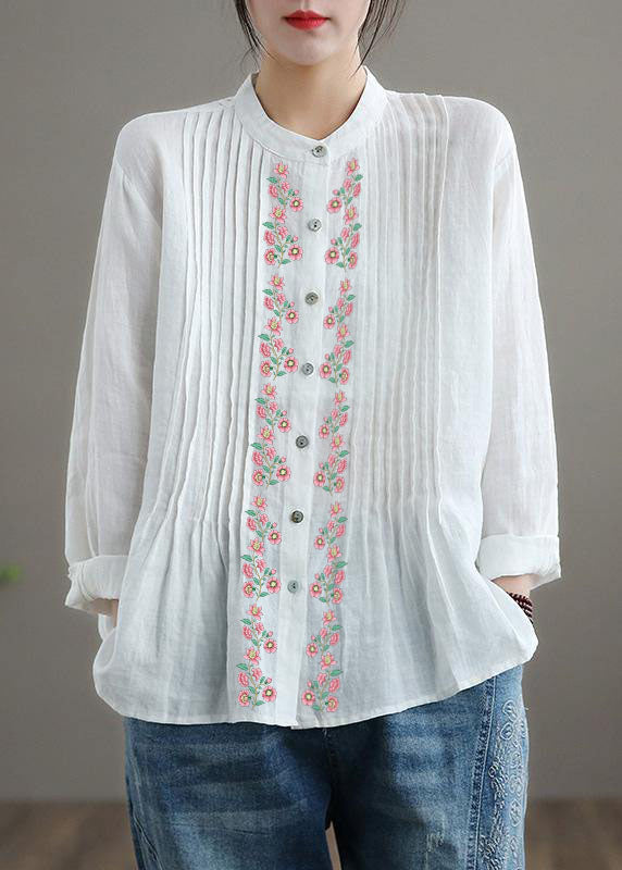 Relaxed stand-collar linen tunic blouse for women -14