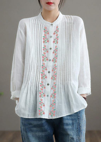 Relaxed stand-collar linen tunic blouse for women -14