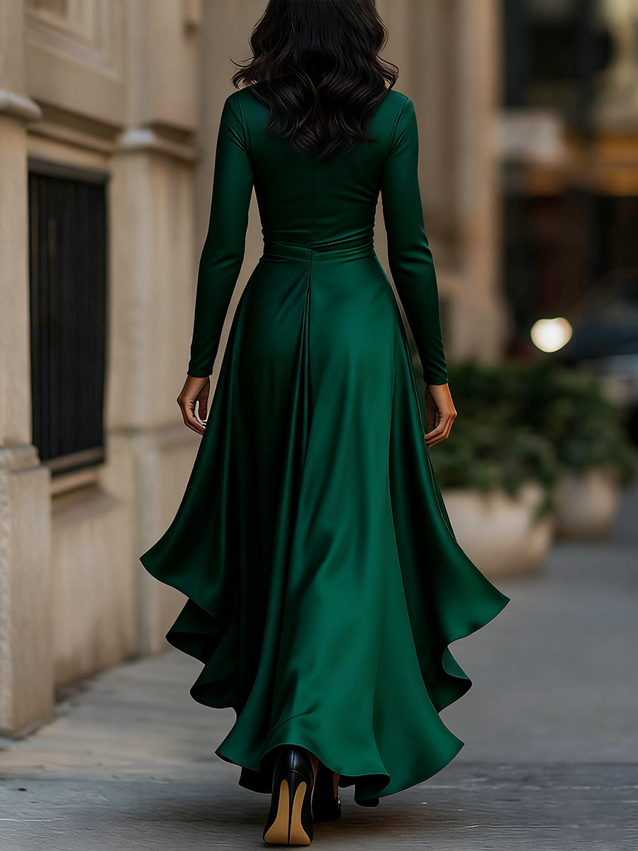 Midnight Blue Draped Maxi Dress with Ruffle Hem for women | Evelisse