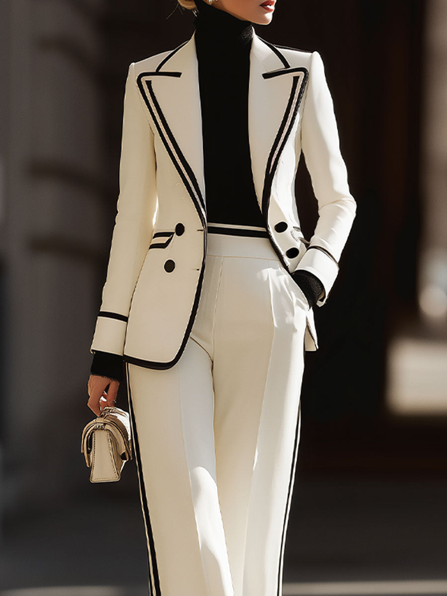White Contrast-Trim Double-Breasted Suit Set for women | Elvarque