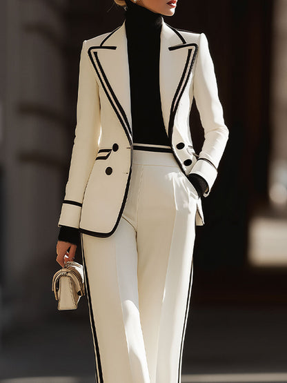 White Contrast-Trim Double-Breasted Suit Set for women | Elvarque