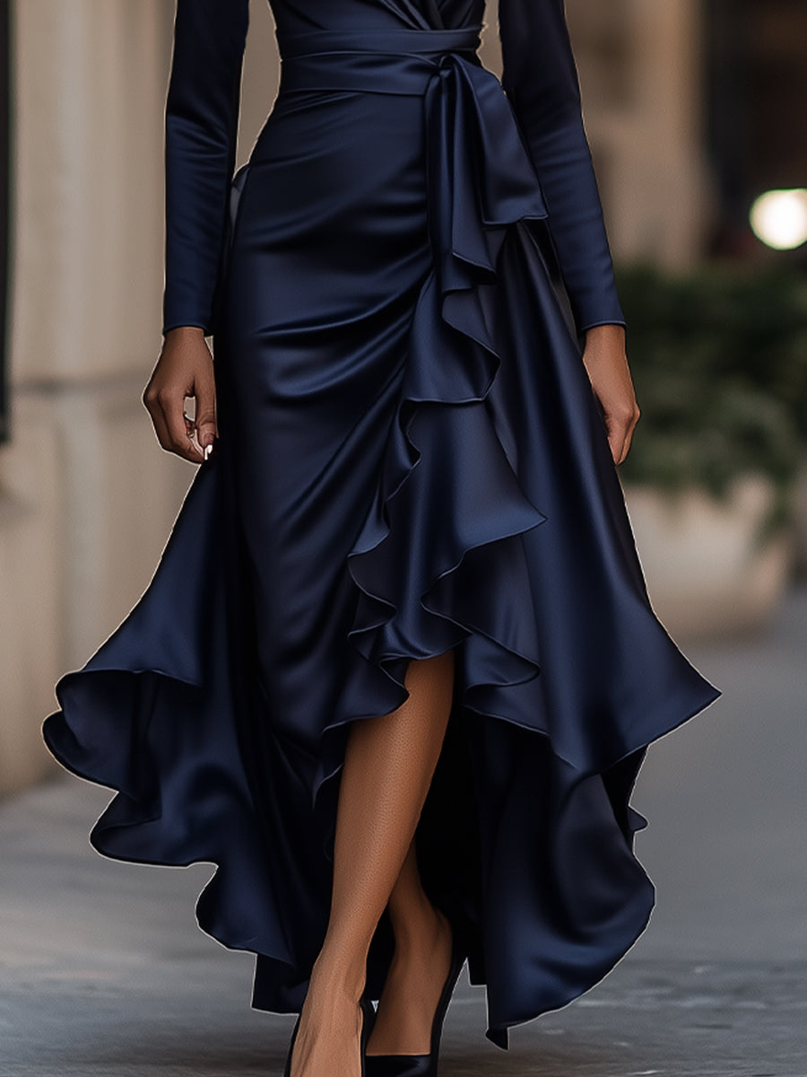 Midnight Blue Draped Maxi Dress with Ruffle Hem for women | Evelisse