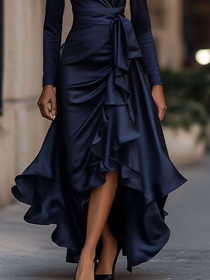 Midnight Blue Draped Maxi Dress with Ruffle Hem for women | Evelisse