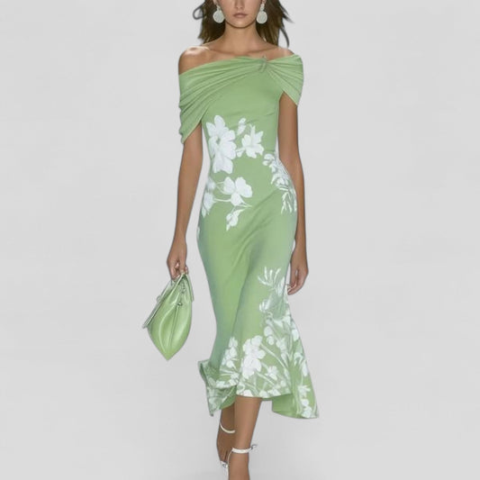 Elegant Printed Midi Dress Flowing Silhouette for women | Elara