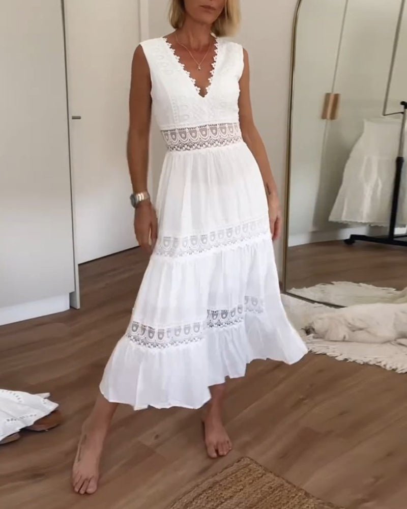 Elegant lace midi dress with V neck and open back for women | Aurélie