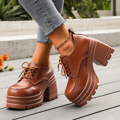 Platform lace up oxford shoes with chunky block heel for women | Vivienne