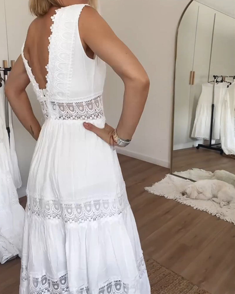 Elegant lace midi dress with V neck and open back for women | Aurélie