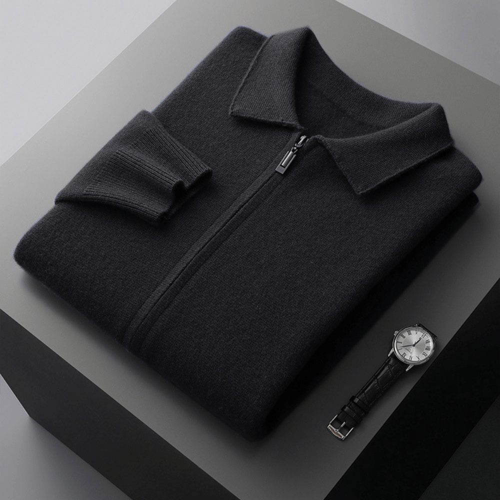 Refined zip up knit jacket with structured collar for men | Valenor