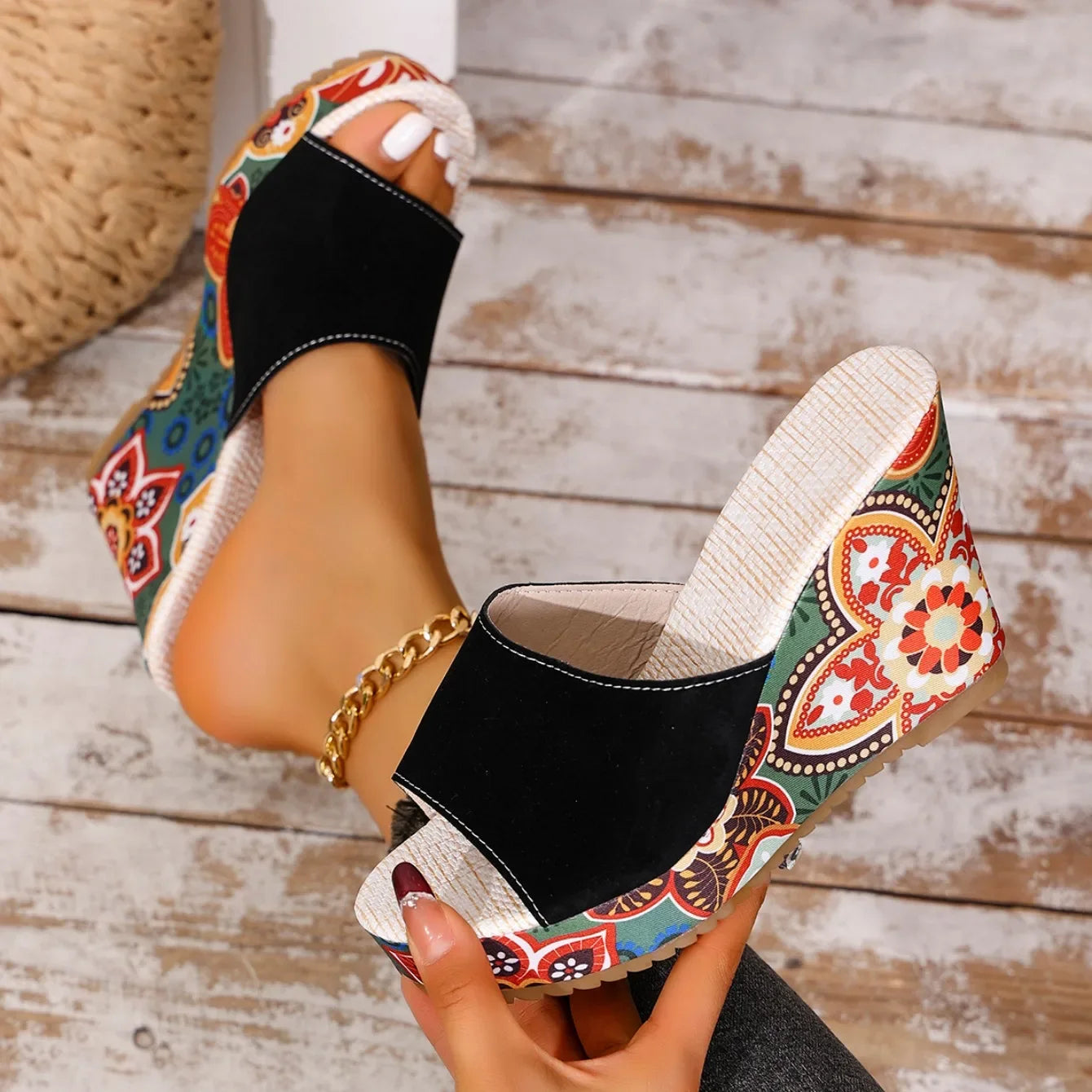 Velvet wedge mule sandal with floral printed heel detail for women | Boheme