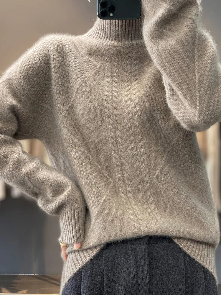 Cable knit turtleneck sweater with refined textured design for women | Ellis