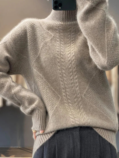 Cable knit turtleneck sweater with refined textured design for women | Ellis