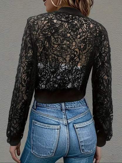 Cropped lace embroidered bomber jacket with ribbed trim for women | Elowen