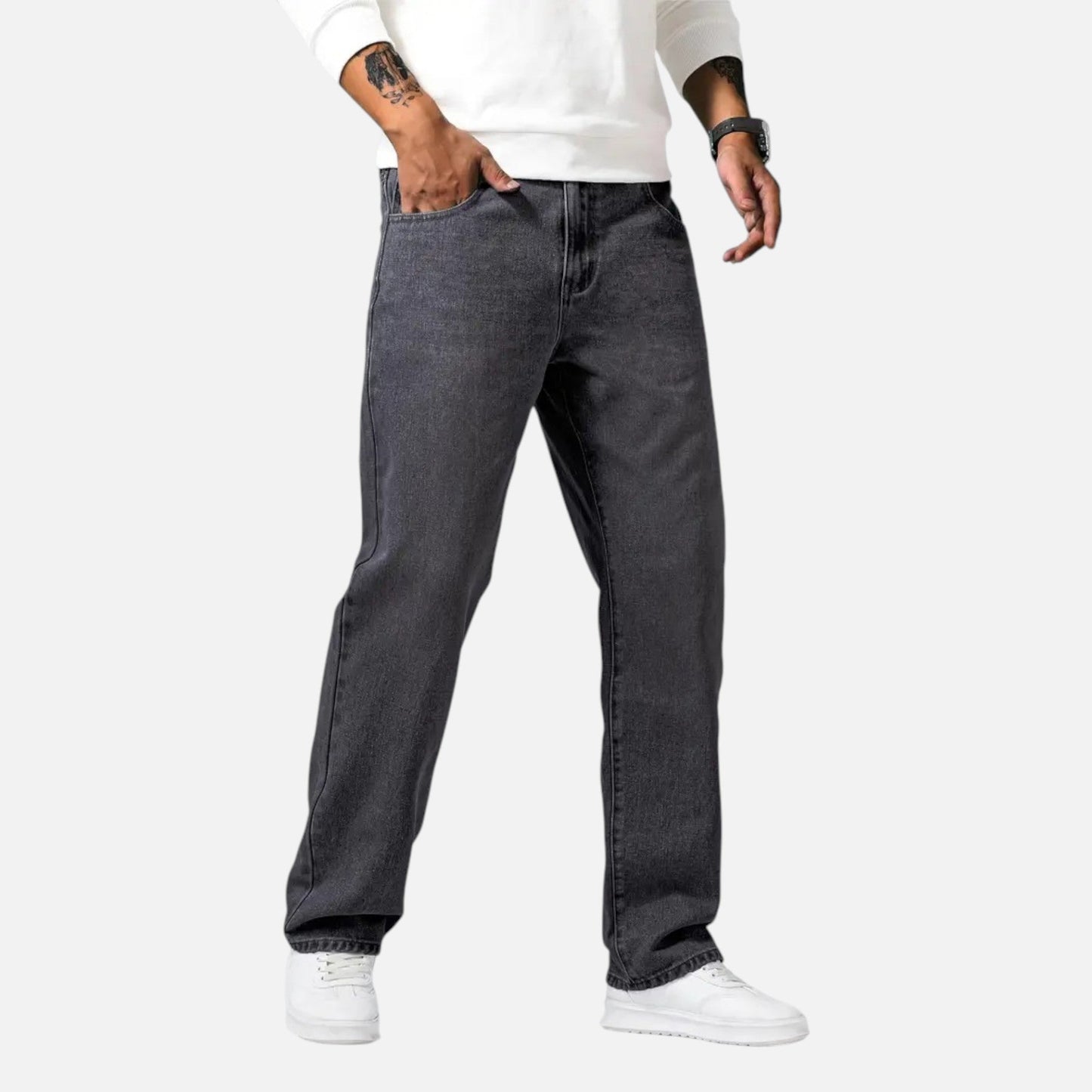 Relaxed straight-leg denim jeans with exposed seams for men | Kellan