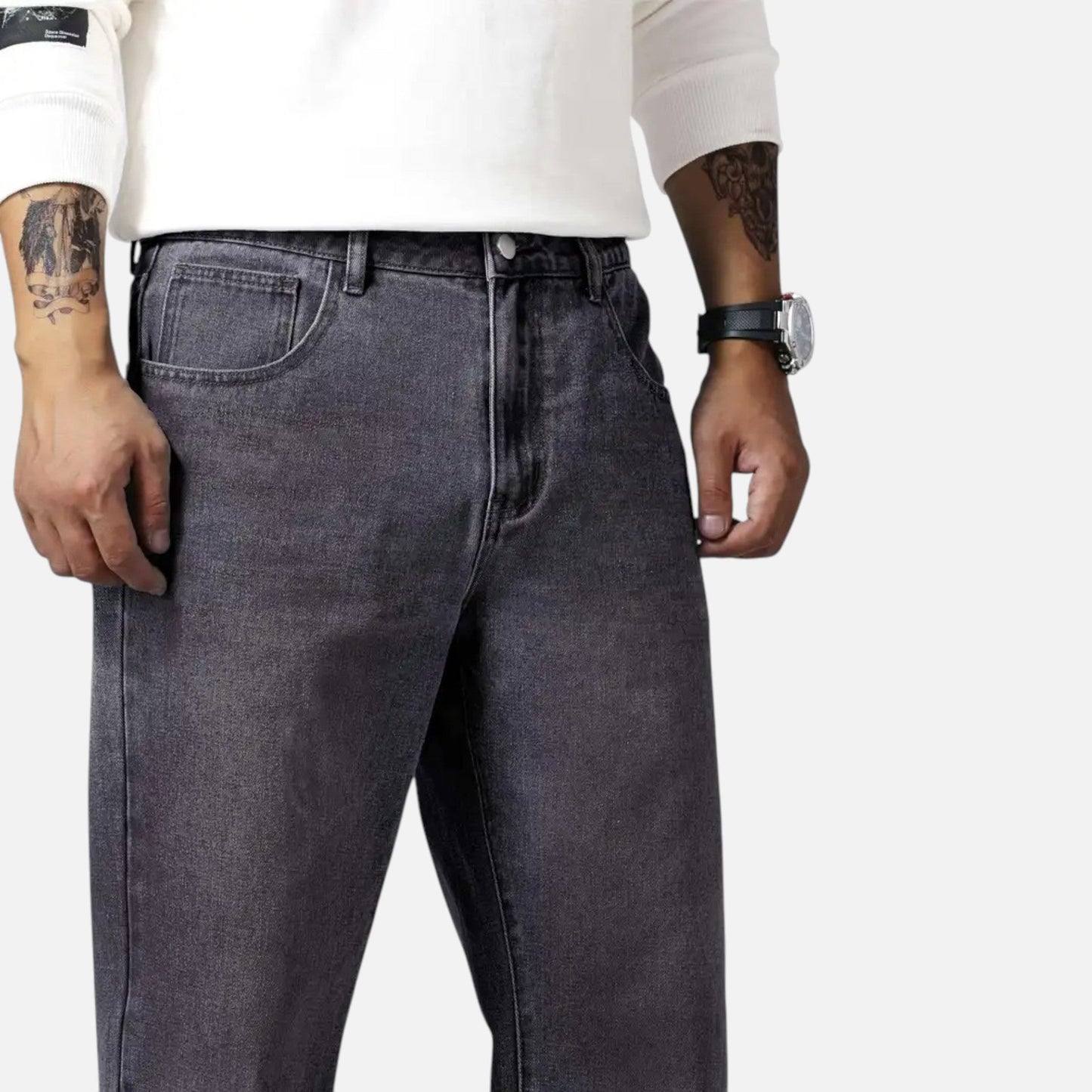 Relaxed straight-leg denim jeans with exposed seams for men | Kellan