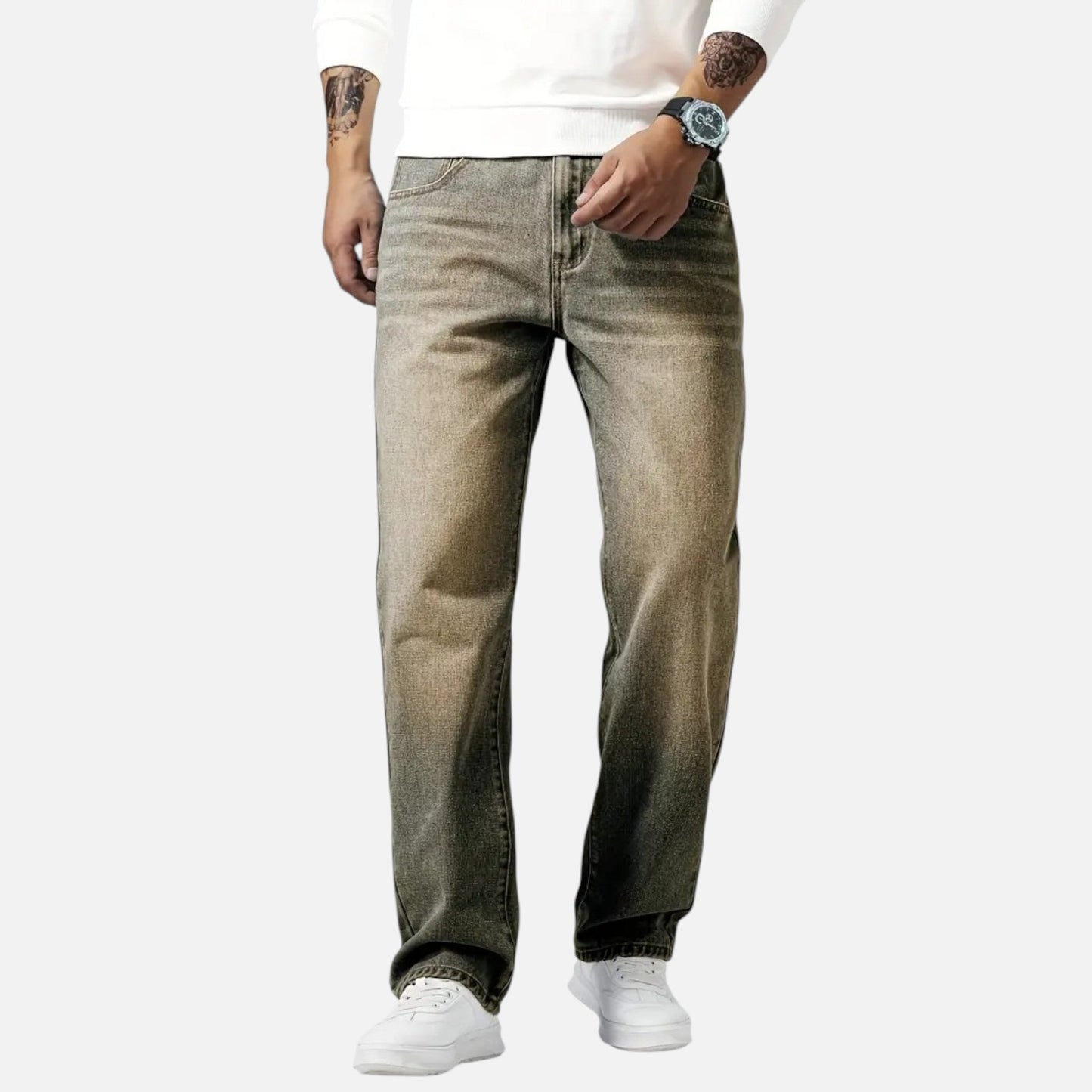 Relaxed straight-leg denim jeans with exposed seams for men | Kellan
