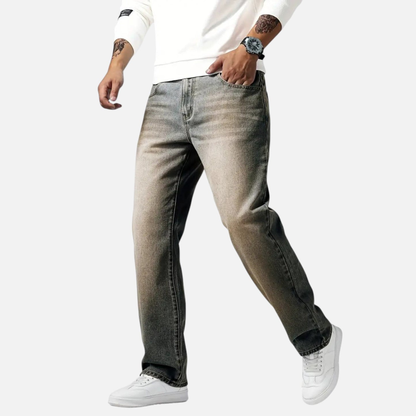 Relaxed straight-leg denim jeans with exposed seams for men | Kellan