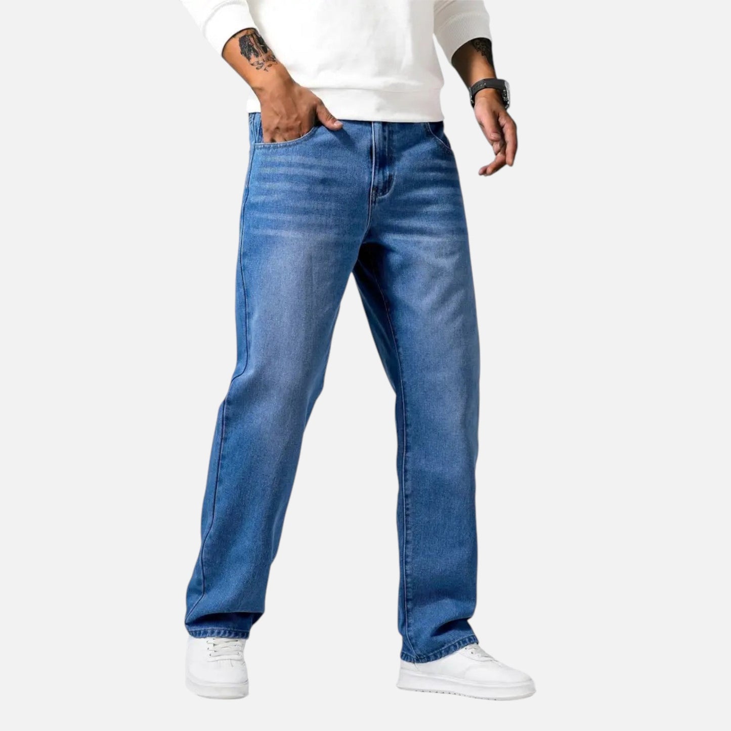 Relaxed straight-leg denim jeans with exposed seams for men | Kellan