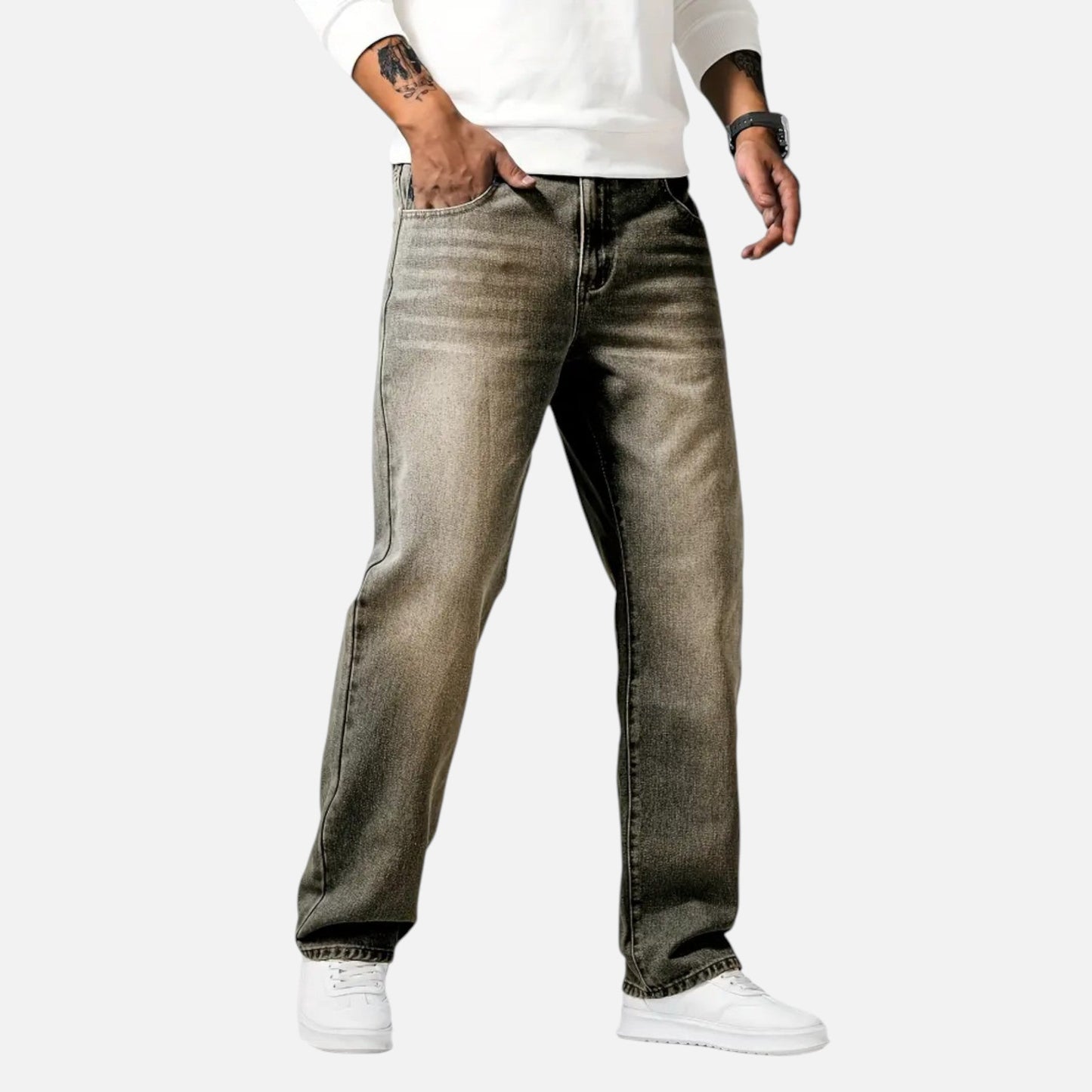 Relaxed straight-leg denim jeans with exposed seams for men | Kellan