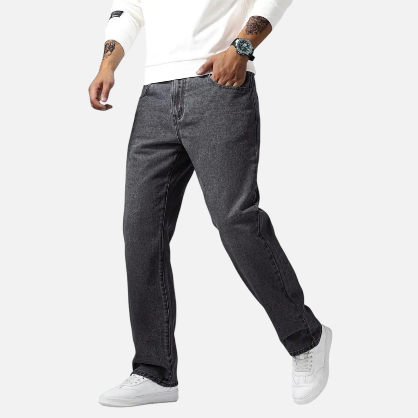 Relaxed straight-leg denim jeans with exposed seams for men | Kellan