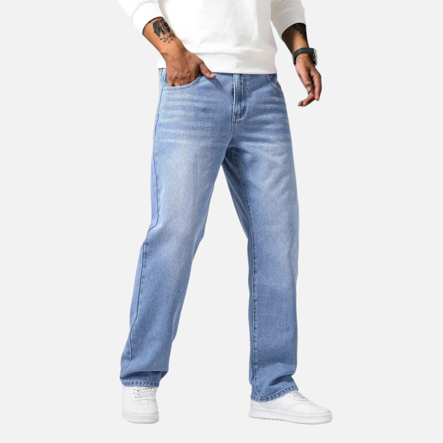 Relaxed straight-leg denim jeans with exposed seams for men | Kellan