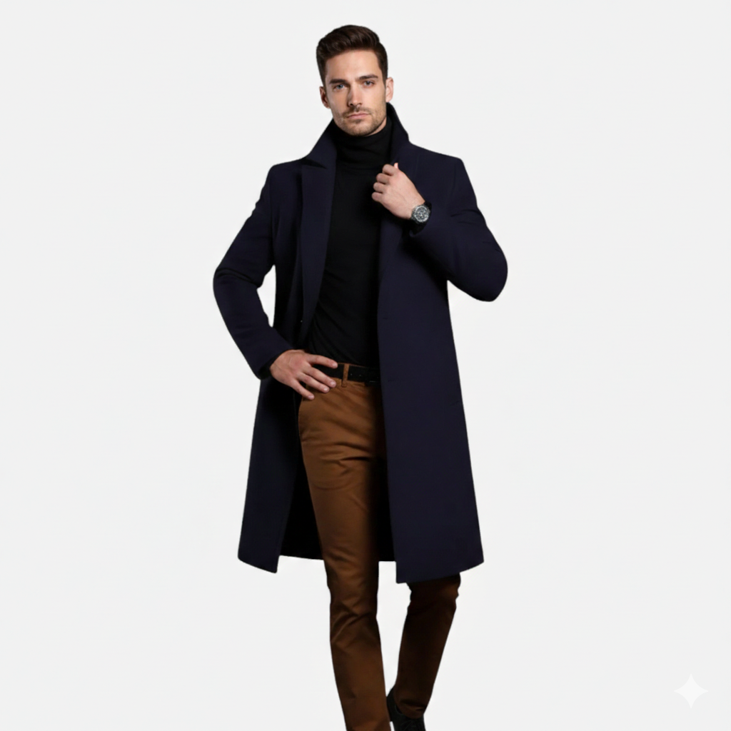 Knee-length single-breasted coat with notched lapel for men | Dorian