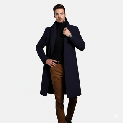 Knee-length single-breasted coat with notched lapel for men | Dorian