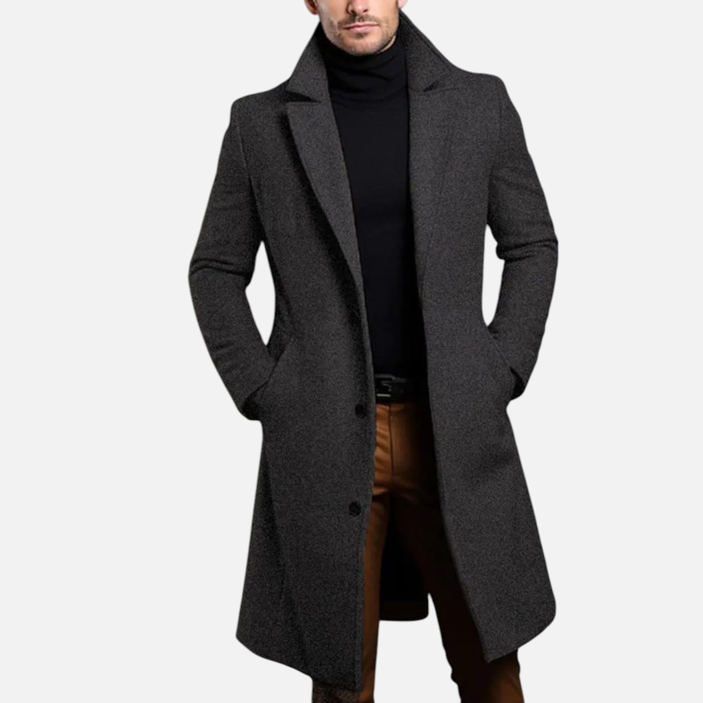 Knee-length single-breasted coat with notched lapel for men | Dorian