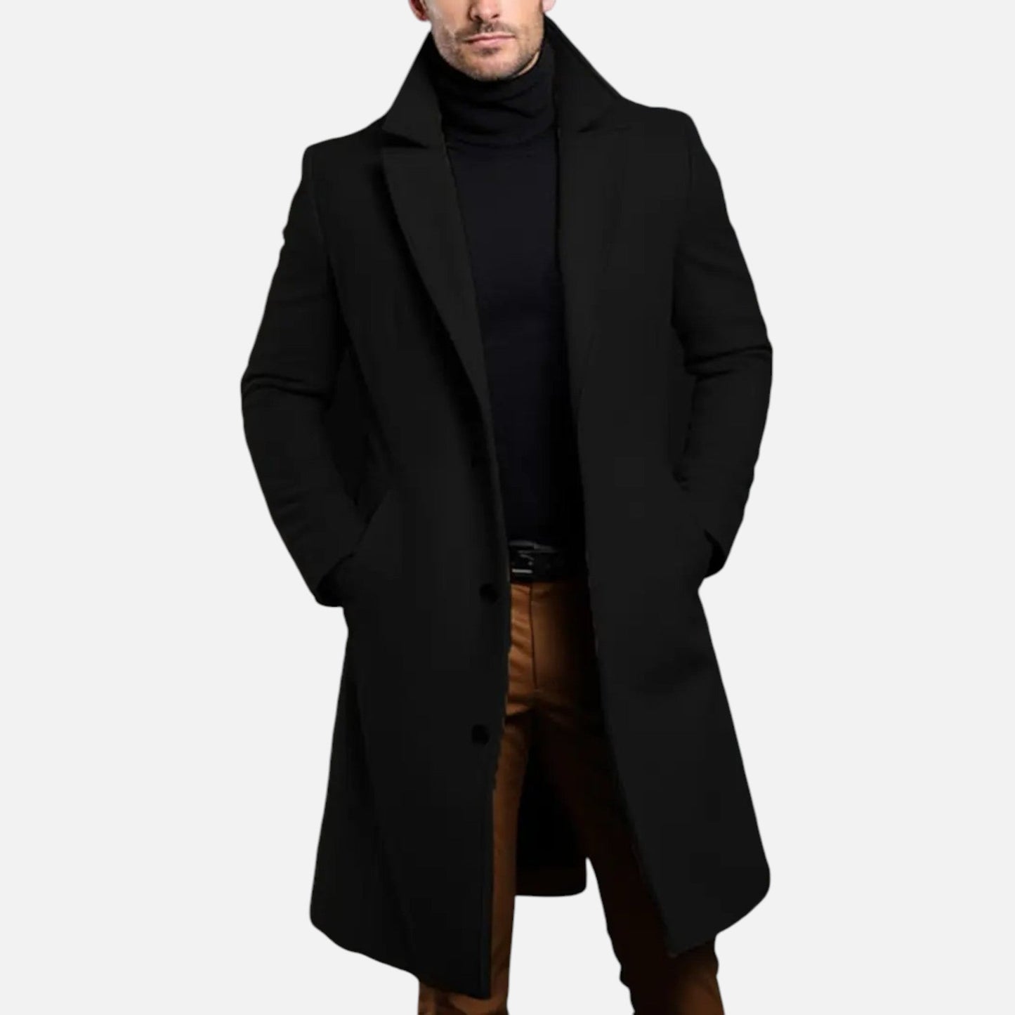 Knee-length single-breasted coat with notched lapel for men | Dorian