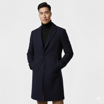 Knee-length single-breasted coat with notched lapel for men | Dorian