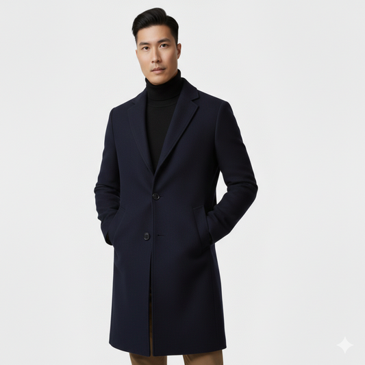 Knee-length single-breasted coat with notched lapel for men | Dorian