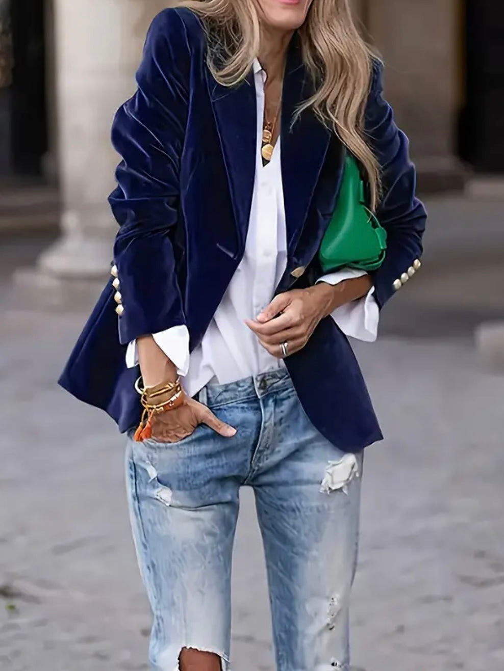Velvet tailored blazer with gold button detail for women | Noctelle