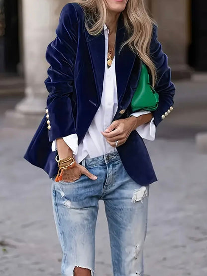 Velvet tailored blazer with gold button detail for women | Noctelle