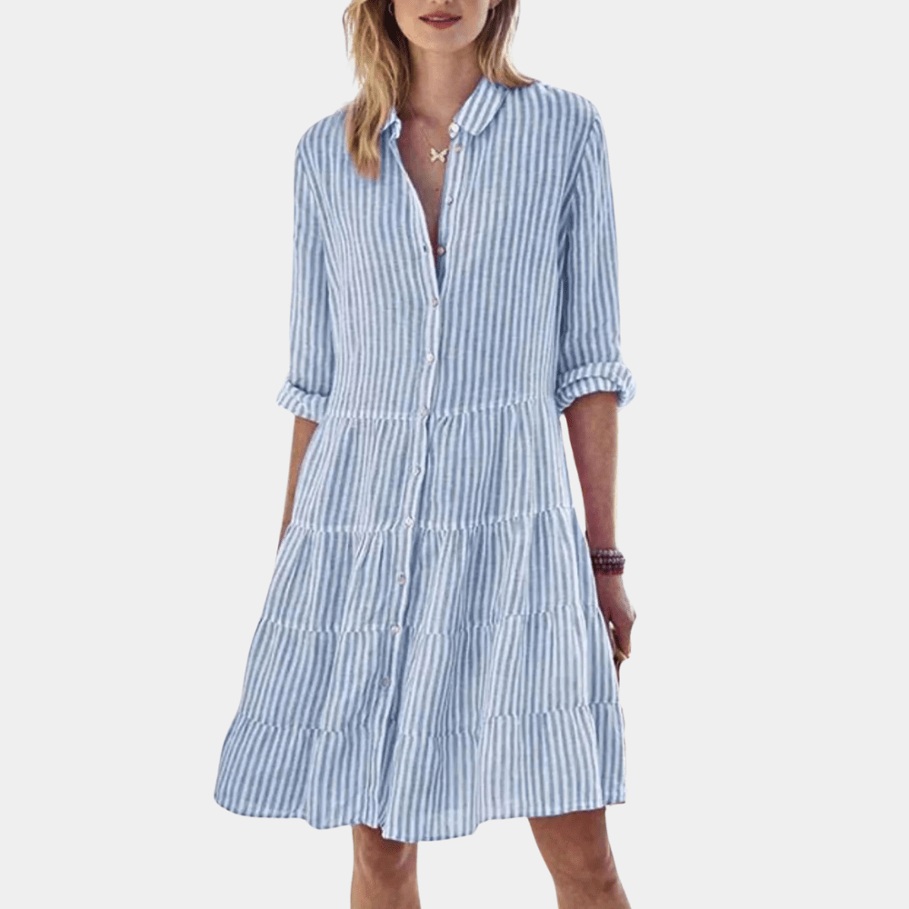 Striped tiered shirt dress with button front for women | Liora