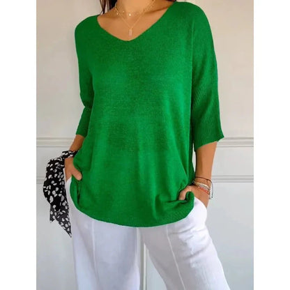 V-neck lightweight knit top with three-quarter sleeves for women | Maren