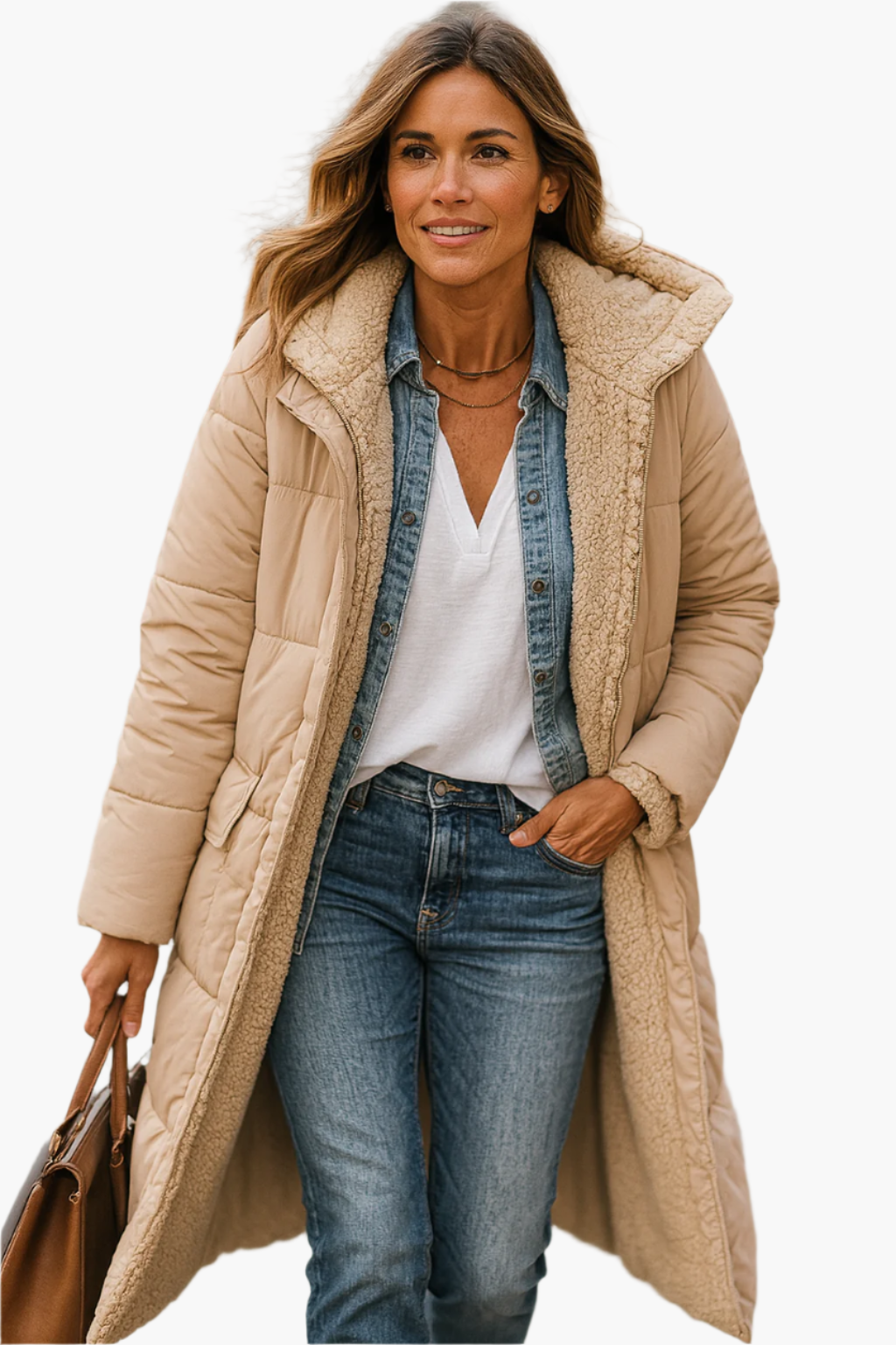Quilted fleece-lined full-length puffer coat for women -3