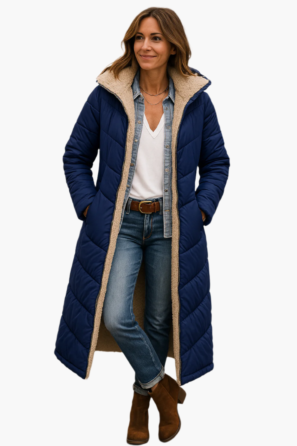 Quilted fleece-lined full-length puffer coat for women -2