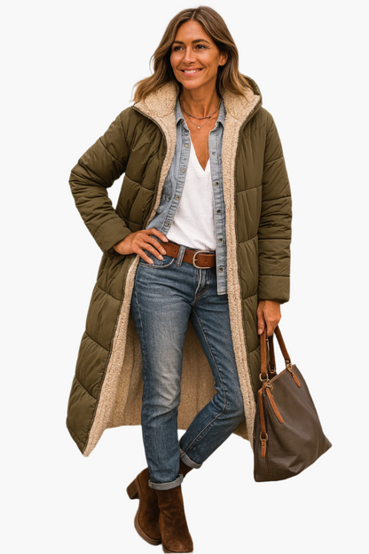 Quilted fleece-lined full-length puffer coat for women -4