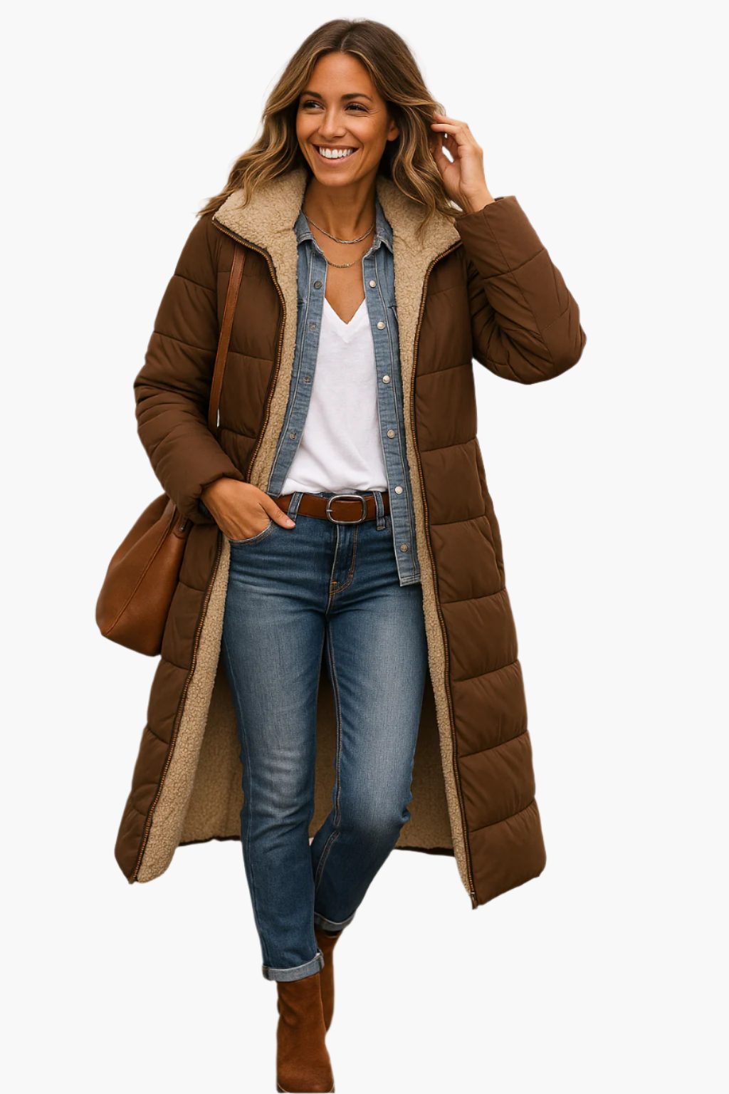 Quilted fleece-lined full-length puffer coat for women -5