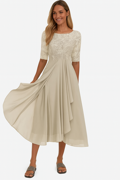 Elegant lace chiffon short-sleeve midi dress for women | Vera -1
